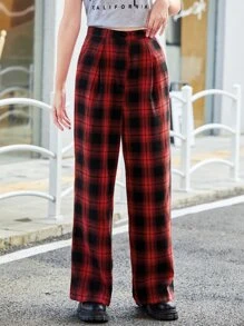 SHEIN Unity Tartan Wide Leg Pants - Red - View 4
