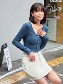 Muchica Áo thun Xù nhỏ màu trơn Giải trí - Màu xanh lam - Xem 4