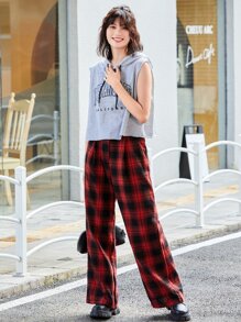 SHEIN Unity Tartan Wide Leg Pants - Red - View 5