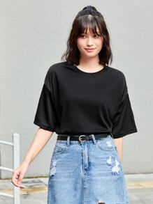 INAWLY 素色圓領T恤 - 黑色 - 查看 3