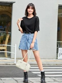 INAWLY 素色圓領T恤 - 黑色 - 查看 4