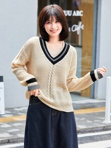落肩袖麻花編織板球毛衣 - 米色 - 查看 1