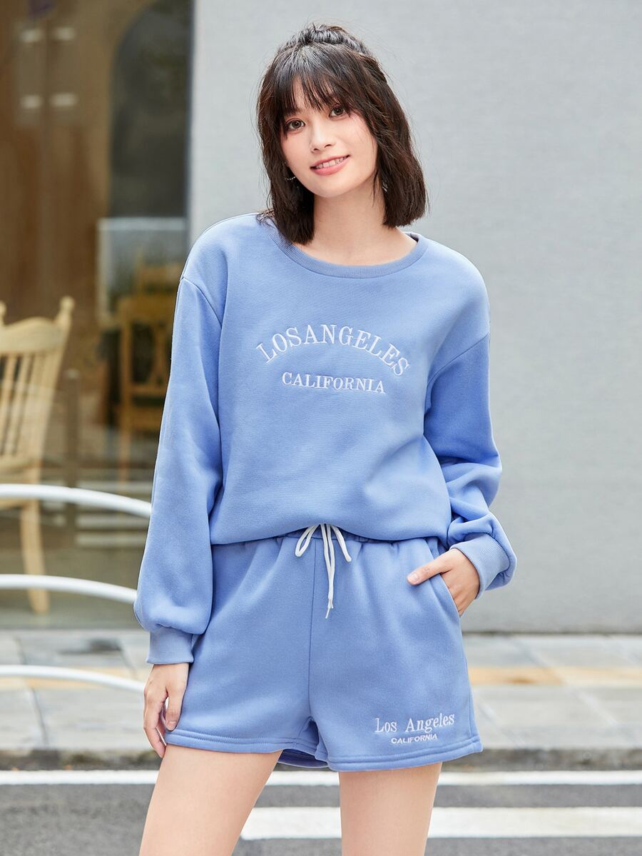 SHEIN EZwear 字母刺繡落肩袖保暖套頭衫和抽繩短褲 - 藍色 - 查看 1