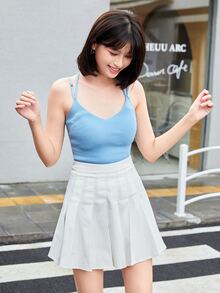 無地柄 リブニット キャミトップ - ブルー - チェックする 4