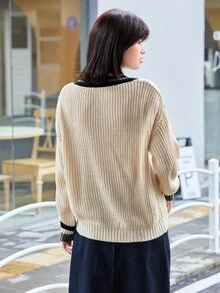 落肩袖麻花編織板球毛衣 - 米色 - 查看 2