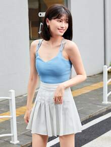無地柄 リブニット キャミトップ - ブルー - チェックする 5