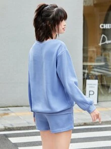 SHEIN EZwear 字母刺繡落肩袖保暖套頭衫和抽繩短褲 - 藍色 - 查看 2