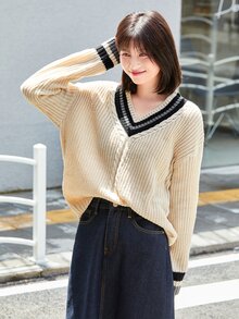 落肩袖麻花編織板球毛衣 - 米色 - 查看 3