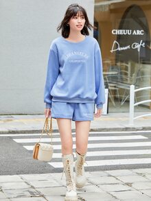 SHEIN EZwear 字母刺繡落肩袖保暖套頭衫和抽繩短褲 - 藍色 - 查看 3