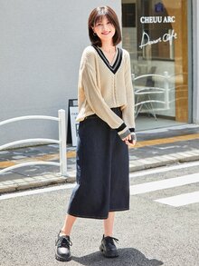 落肩袖麻花編織板球毛衣 - 米色 - 查看 4