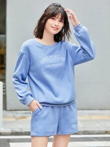 SHEIN EZwear 字母刺繡落肩袖保暖套頭衫和抽繩短褲 - 藍色 - 查看 5