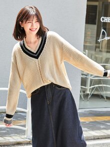 落肩袖麻花編織板球毛衣 - 米色 - 查看 5