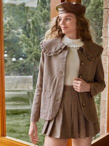 SHEIN MOD Casual Houndstooth Pleated Skirt For Autumn - Mocha Brown - View 4