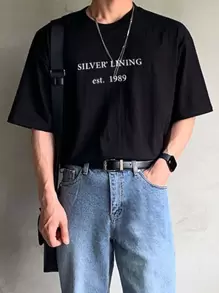 DAZY Men Cotton Letter Graphic Drop Shoulder Tee - Black - View 1