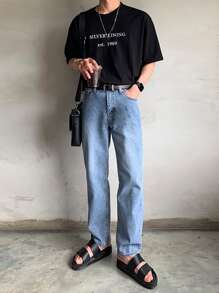 DAZY Men Cotton Letter Graphic Drop Shoulder Tee - Black - View 2