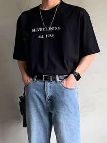 DAZY Men Cotton Letter Graphic Drop Shoulder Tee - Black - View 3