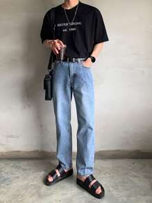 DAZY Men Cotton Letter Graphic Drop Shoulder Tee - Black - View 4