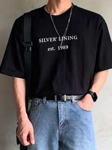 DAZY Men Cotton Letter Graphic Drop Shoulder Tee - Black - View 5