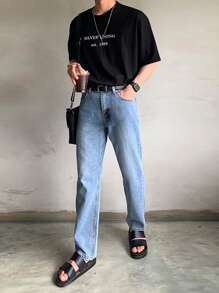 DAZY Men Cotton Letter Graphic Drop Shoulder Tee - Black - View 6