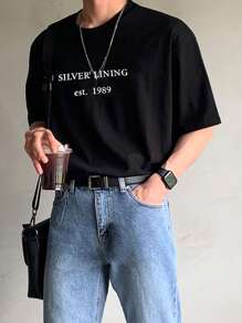 DAZY Men Cotton Letter Graphic Drop Shoulder Tee - Black - View 7