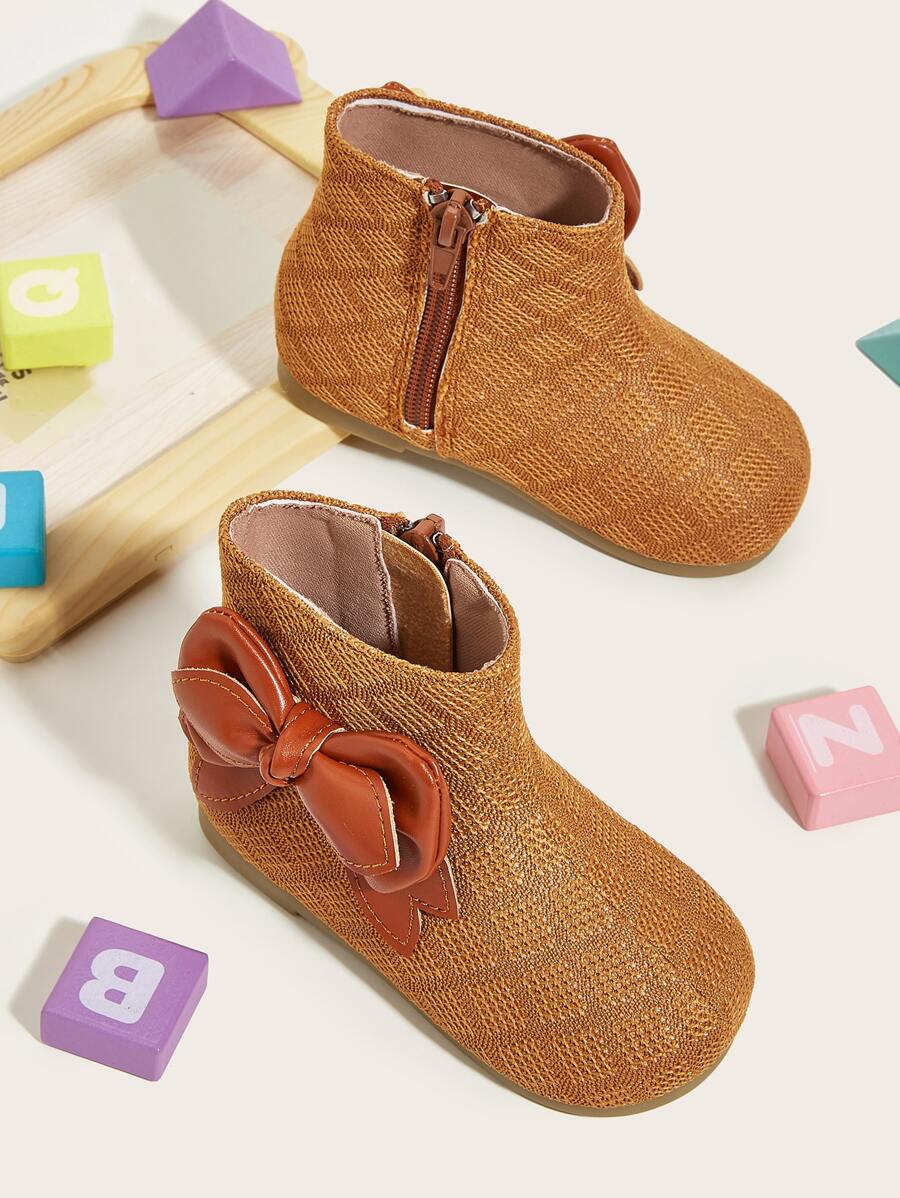 Girls Side Zip Bow Decor Boots - Brown - View 1