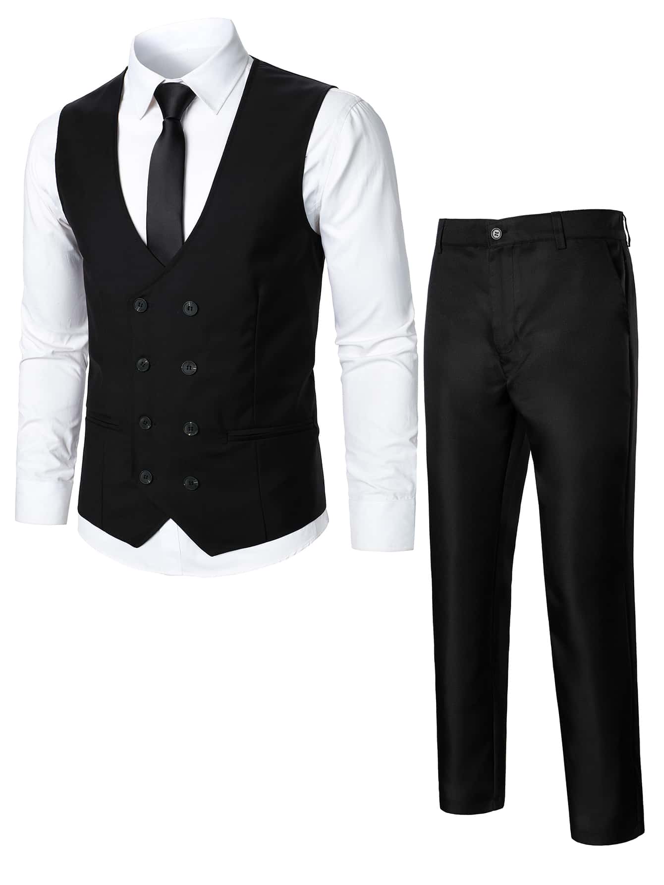 Manfinity Mode Men Double Breasted Vest Blazer & Trousers Without Shirt - Black - View 1