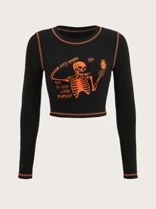 SHEIN EZwear 萬聖印花頂針短款T恤 - 黑色 - 查看 1