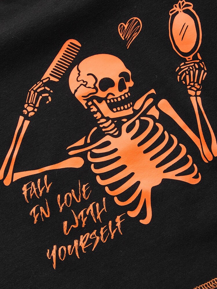 SHEIN EZwear 萬聖印花頂針短款T恤 - 黑色 - 查看 3