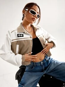 SHEIN Coolane Letter Patch Detail Two Tone Crop Jacket - Multicolor - View 7