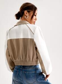 SHEIN Coolane Letter Patch Detail Two Tone Crop Jacket - Multicolor - View 2