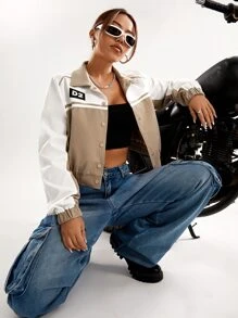 SHEIN Coolane Letter Patch Detail Two Tone Crop Jacket - Multicolor - View 1