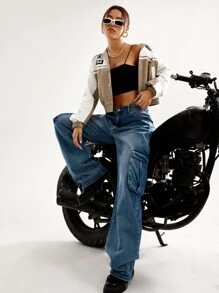 SHEIN Coolane Letter Patch Detail Two Tone Crop Jacket - Multicolor - View 5