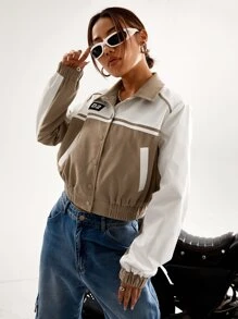 SHEIN Coolane Letter Patch Detail Two Tone Crop Jacket - Multicolor - View 6