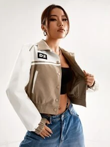 SHEIN Coolane Letter Patch Detail Two Tone Crop Jacket - Multicolor - View 3