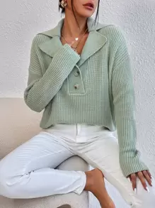 EMERY ROSE Lapel Neck Drop Shoulder Jumper - Mint Green - View 3