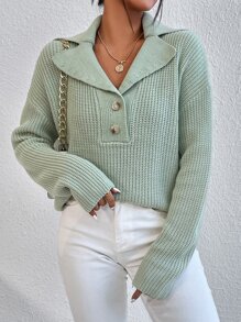 EMERY ROSE Lapel Neck Drop Shoulder Jumper - Mint Green - View 4