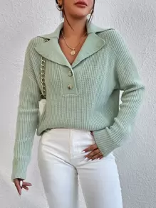 EMERY ROSE Lapel Neck Drop Shoulder Jumper - Mint Green - View 5