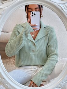 EMERY ROSE Lapel Neck Drop Shoulder Jumper - Mint Green - View 6