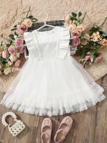 SHEIN Chica Joven Vestido con encaje en contraste ribete con fruncido de malla flor - Beis - Ver 3