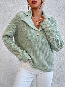 EMERY ROSE Lapel Neck Drop Shoulder Jumper - Mint Green - View 7