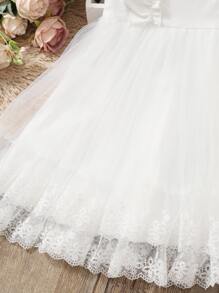 SHEIN Chica Joven Vestido con encaje en contraste ribete con fruncido de malla flor - Beis - Ver 6