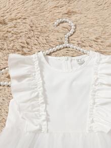 SHEIN Chica Joven Vestido con encaje en contraste ribete con fruncido de malla flor - Beis - Ver 7