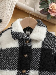 SHEIN 青少女水牛格印花下垂肩泰迪外套 - 黑與白 - 查看 3