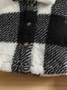 SHEIN 青少女水牛格印花下垂肩泰迪外套 - 黑與白 - 查看 5