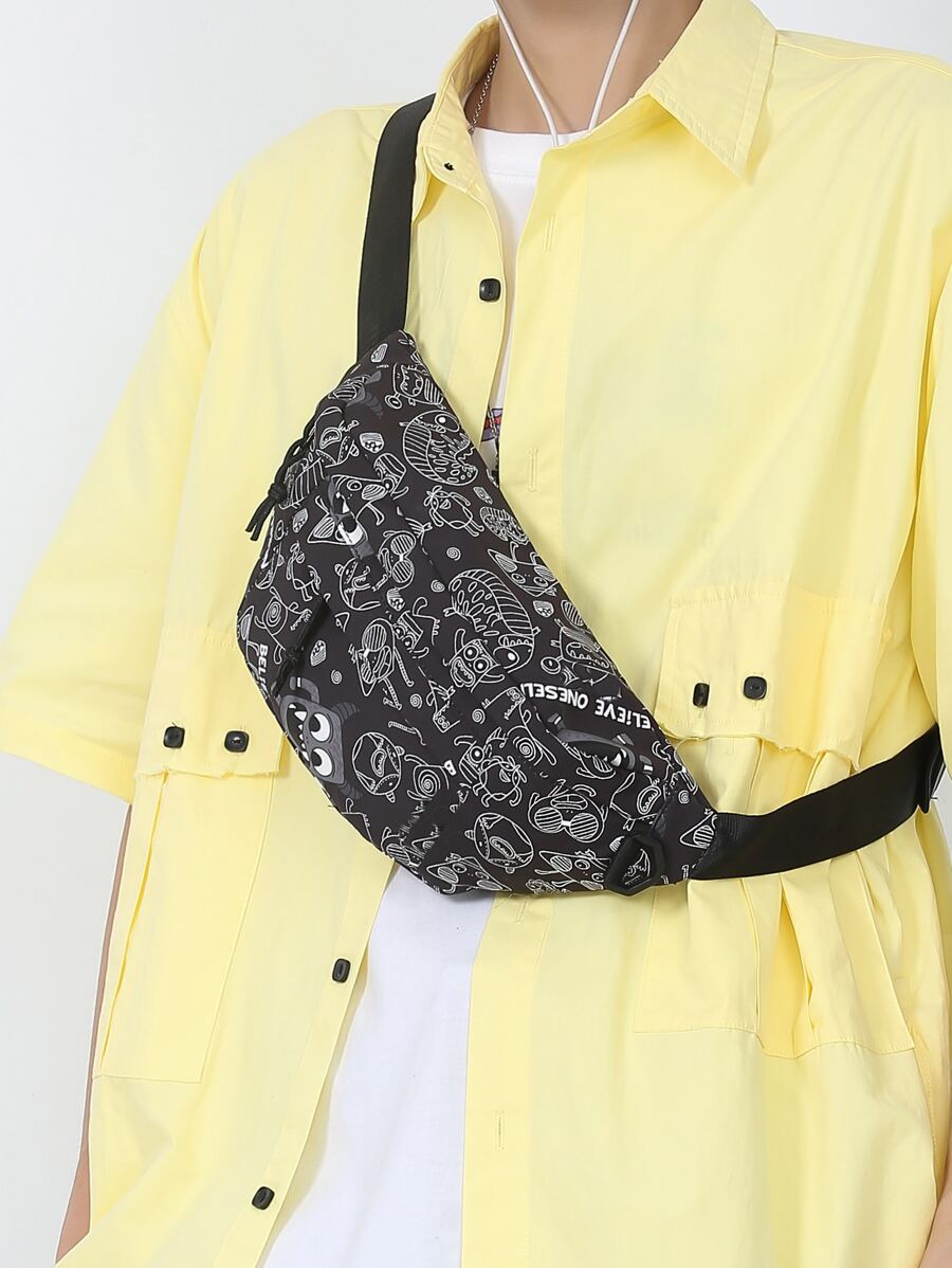 TIANDINGYU Men Cartoon & Letter Graphic Waist Bag - Black - View 1