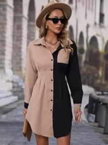 EMERY ROSE Colourblock Pocket Patched Button Up Shirt Dress - Multicolor - View 1