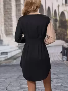 EMERY ROSE Colourblock Pocket Patched Button Up Shirt Dress - Multicolor - View 2