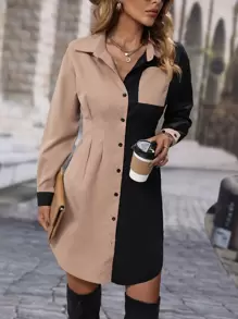 EMERY ROSE Colourblock Pocket Patched Button Up Shirt Dress - Multicolor - View 4