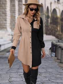 EMERY ROSE Colourblock Pocket Patched Button Up Shirt Dress - Multicolor - View 5