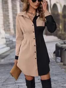 EMERY ROSE Colourblock Pocket Patched Button Up Shirt Dress - Multicolor - View 6